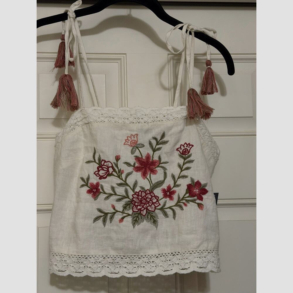Universal Thread Women’s Embroidered Linen Tank Top XS NWT Cream Tassel Tie